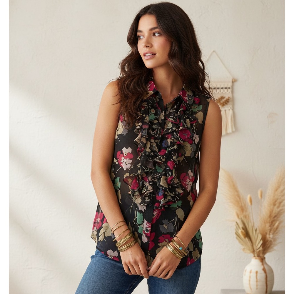 Ralph Lauren Top Black Floral Ruffle Sheer Blouse 80s 90s Boho Sz 2P Office